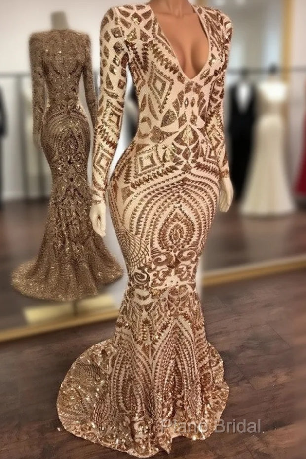 Champagne Sequins V-Neck Long Sleevess Mermaid Formal Prom Dresses Main image