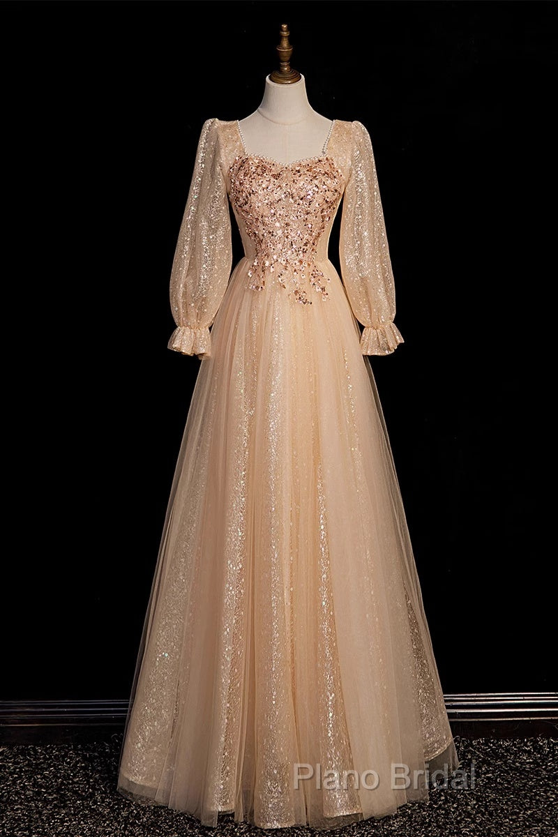 Champagne Short Sleeves Beaded Long Party Dresses, A-Line Tulle Formal Prom Dresses