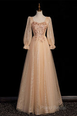 Champagne Short Sleeves Beaded Long Party Dresses, A-Line Tulle Formal Prom Dresses