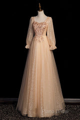 Champagne Short Sleeves Beaded Long Party Dresses, A-Line Tulle Formal Prom Dresses