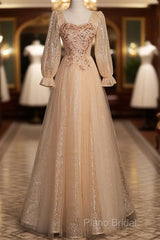 Champagne Short Sleeves Beaded Long Party Dresses, A-Line Tulle Formal Prom Dresses