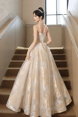 Champagne Spaghetti Strap Tulle Formal Dresses, A-Line Sweetheart Neck Formal Party Dresses
