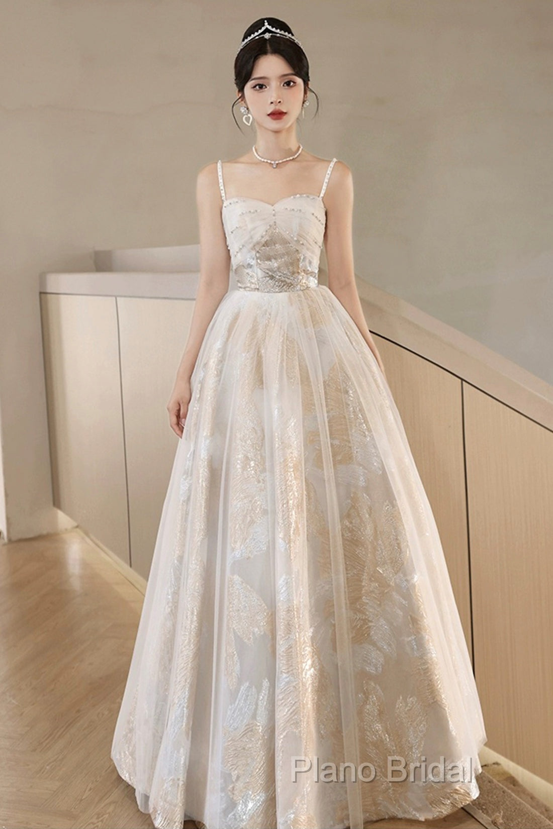 Champagne Spaghetti Strap Tulle Formal Dresses, A-Line Sweetheart Neck Formal Party Dresses