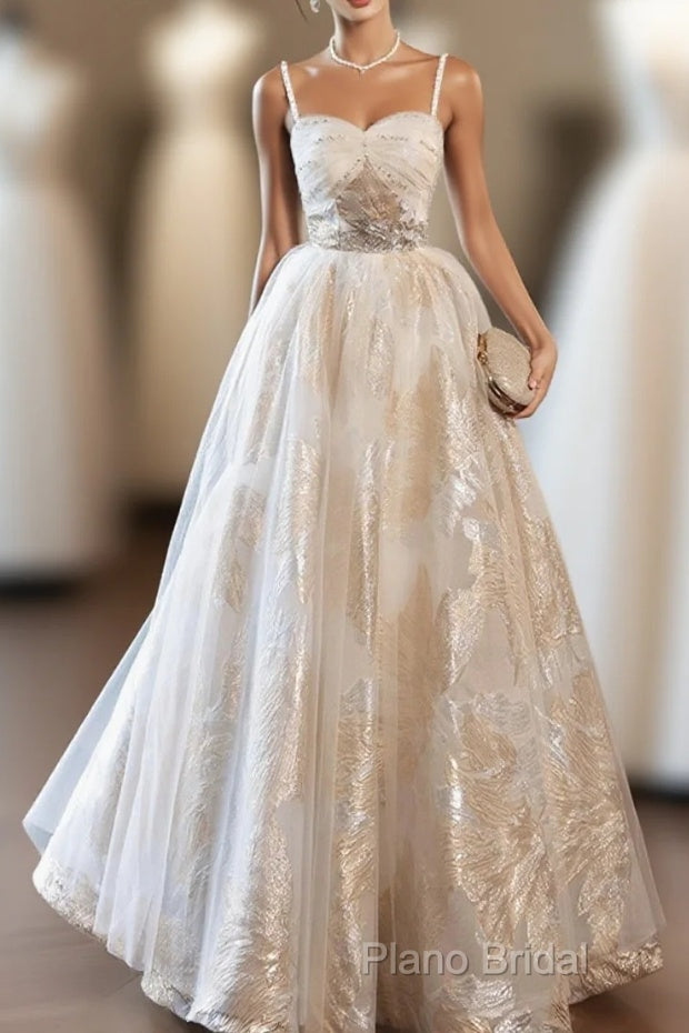 Champagne Spaghetti Strap Tulle Formal Dresses, A-Line Sweetheart Neck Formal Party Dresses Main image