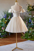 Champagne Spaghetti Straps Knee Length Formal Prom Dresses, A-Line Sleeveless Backless Party Dresses