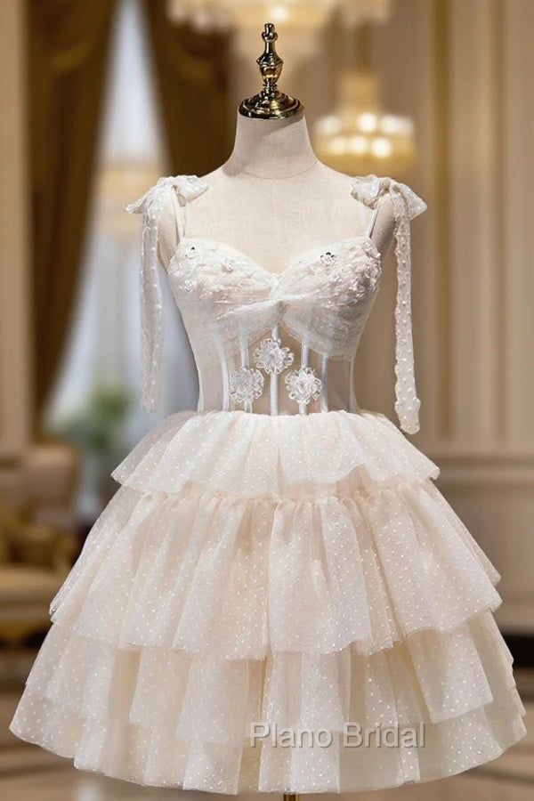 Champagne Spaghetti Straps Lace Party Dresses, A-Line Short Homecoming Dresses Main image