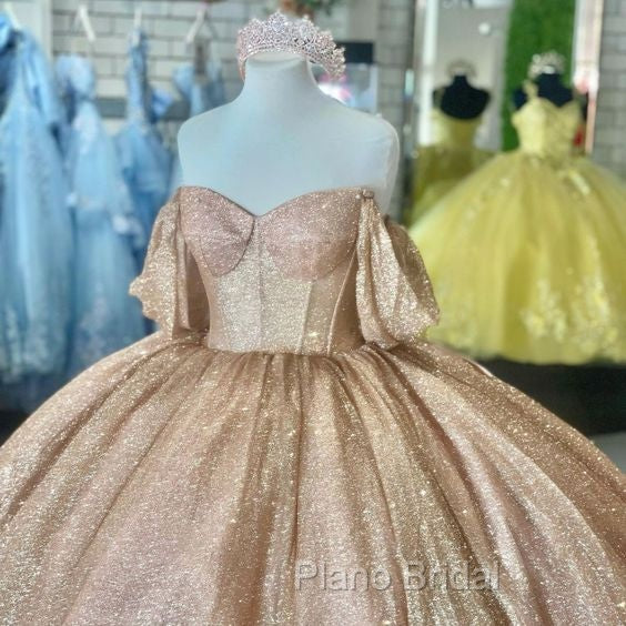 Champagne Sparkle Ball Gown Off-the-Shoulder Short Sleeves Quinceanera Dresses Secondary image