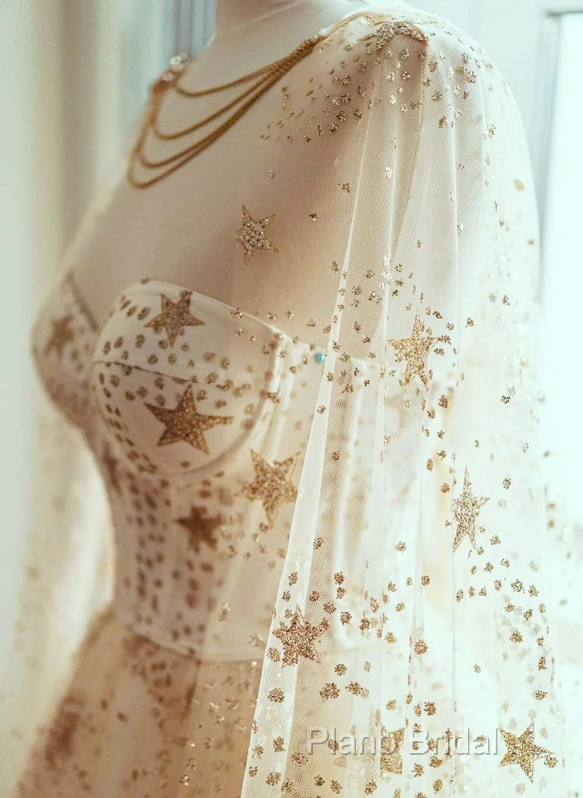 Champagne Stars A-Line Tulle Long Formal Dresses, Champagne Formal Prom Dresses Secondary image