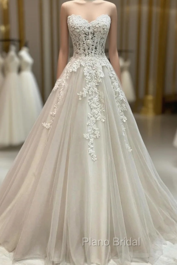 Champagne Strapless Lace Long Formal Prom Dresses, A-Line Formal Evening Dresses