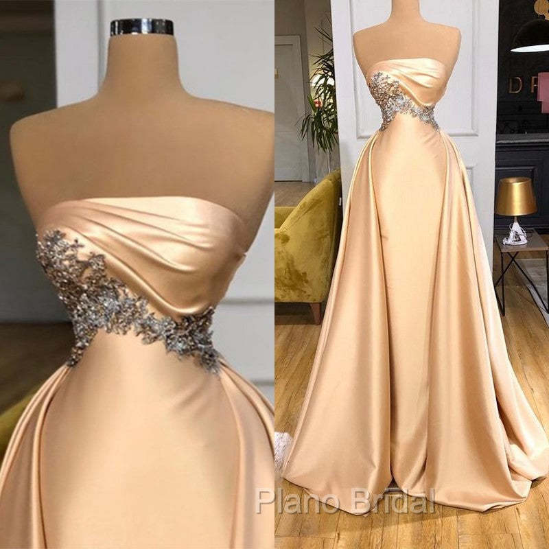Champagne Strapless Overskirt Formal Prom Dresses Long With Crystals