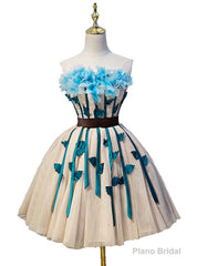 Champagne Strapless Tulle Flower Homecoming Dress