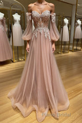 Champagne sweetheart neck tulle lace long Formal Prom dress, lace evening dress