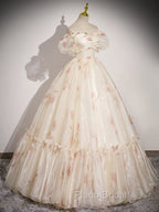 Champagne Sweetheart Neck Tulle Long Formal Prom Dresses, Champagne Formal Dresses