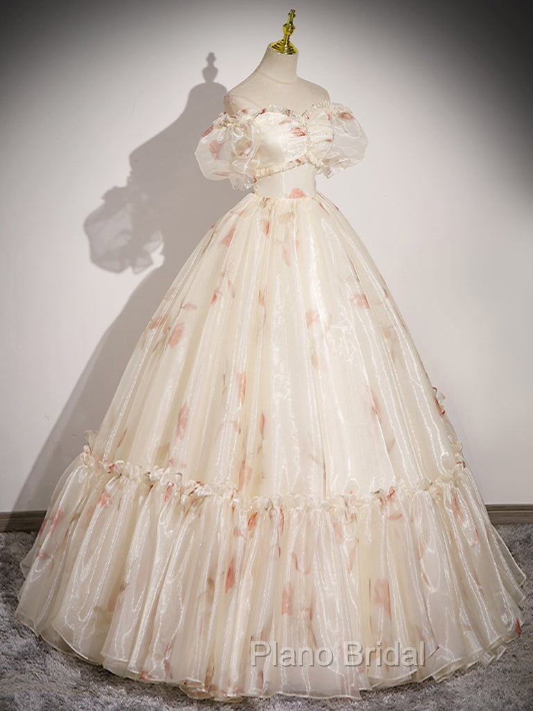 Champagne Sweetheart Neck Tulle Long Formal Prom Dresses, Champagne Formal Dresses