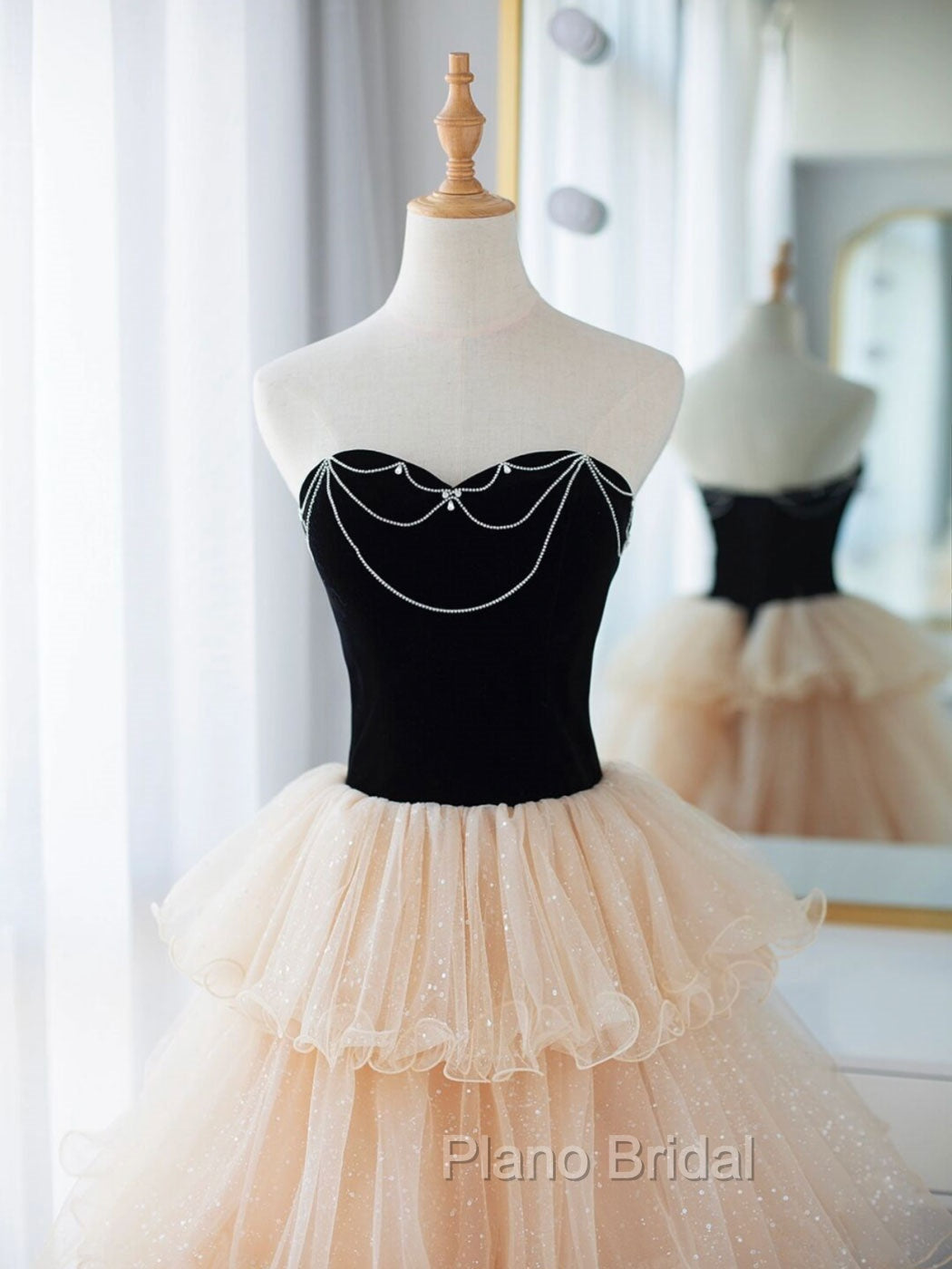 Champagne Sweetheart Neck Tulle Long Formal Prom Dresses, Champagne Formal Dresses
