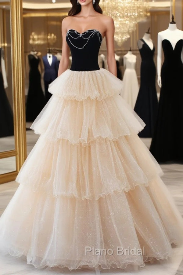 Champagne Sweetheart Neck Tulle Long Formal Prom Dresses, Champagne Formal Dresses Main image