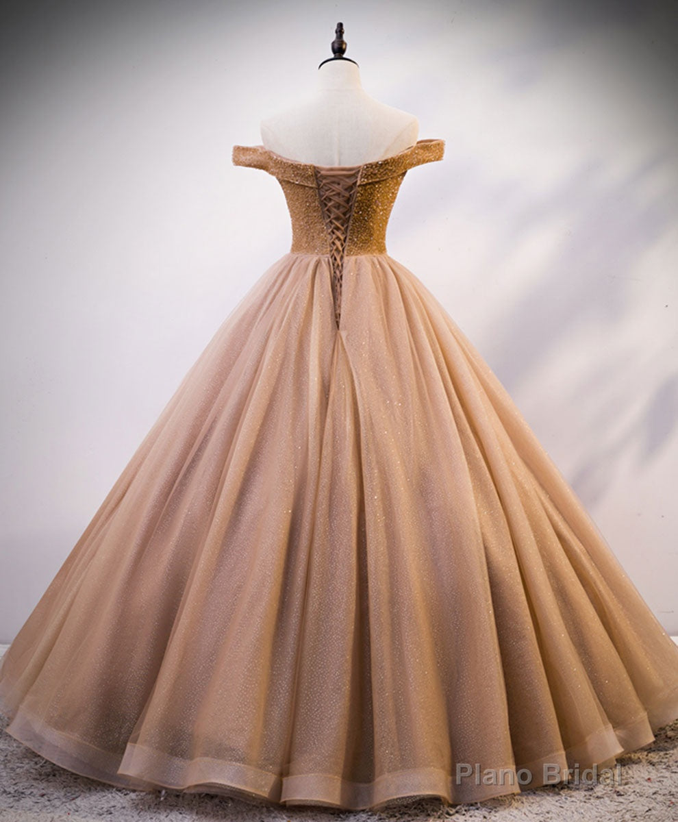Champagne Sweetheart Off Shoulder Tulle Sequin Long Prom Dresses Secondary image