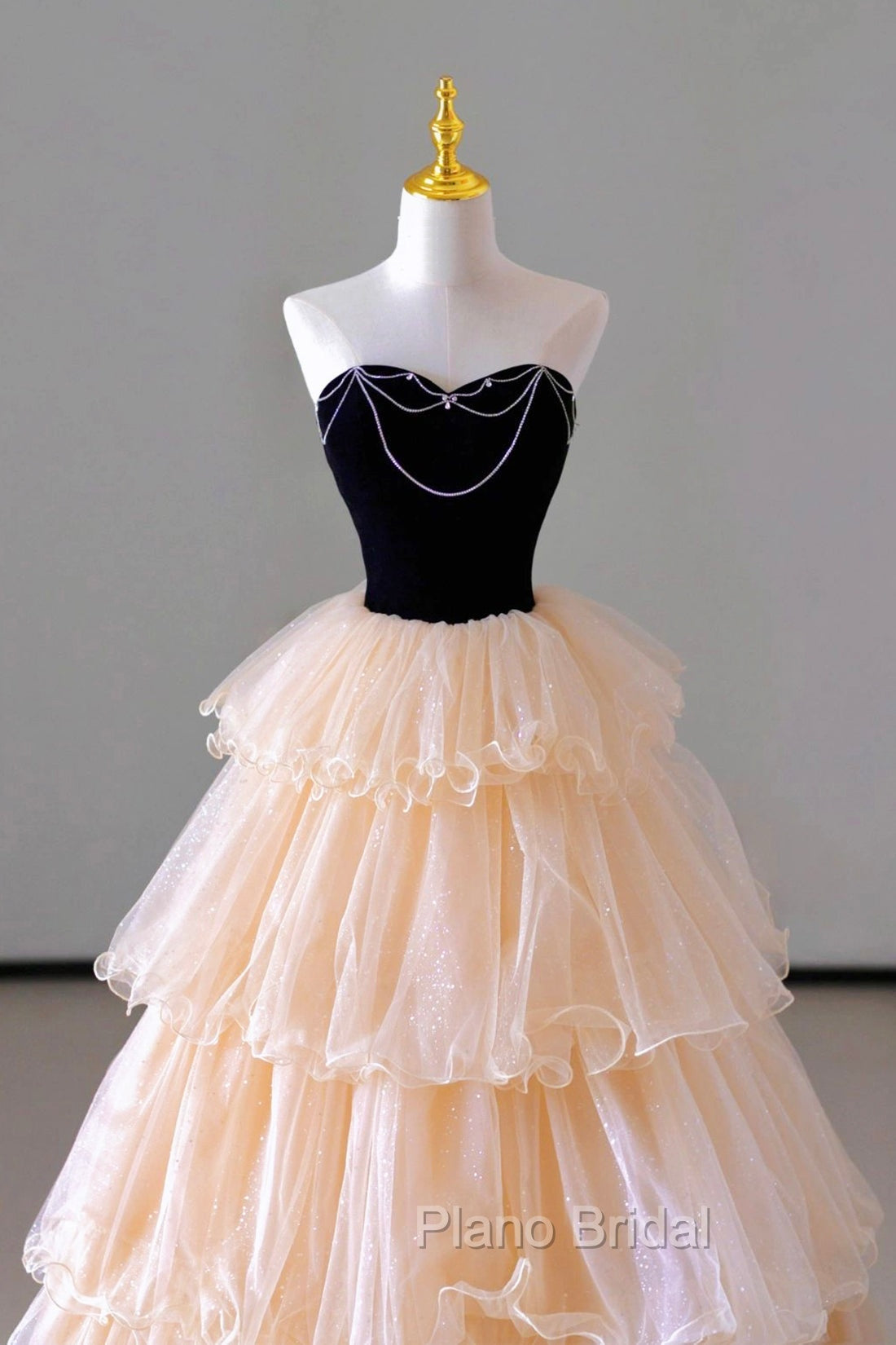 Champagne Sweetheart Tulle Layers Long Party Dresses, Strapless A-Line Formal Prom Dresses Secondary image