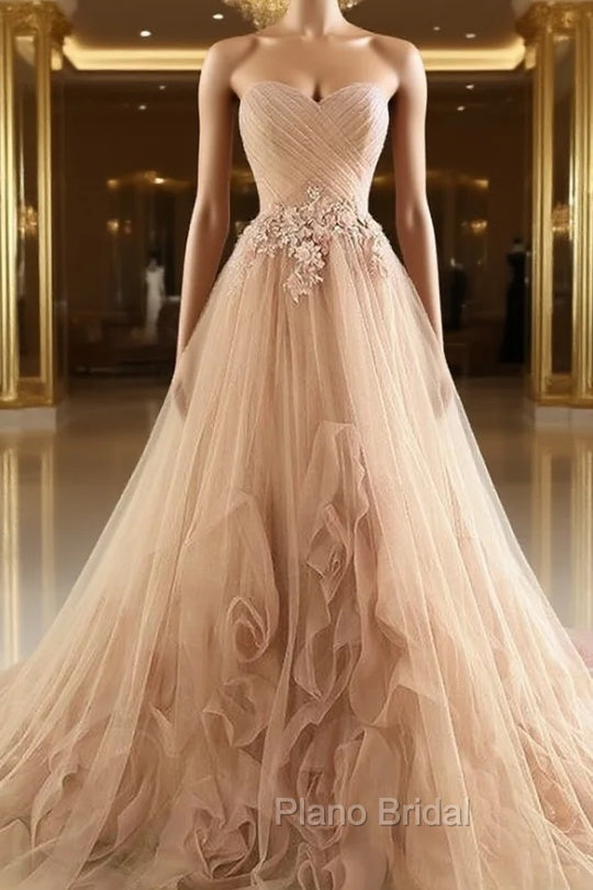 Champagne Sweetheart Tulle Pleats Appliques Wedding Dresses Main image