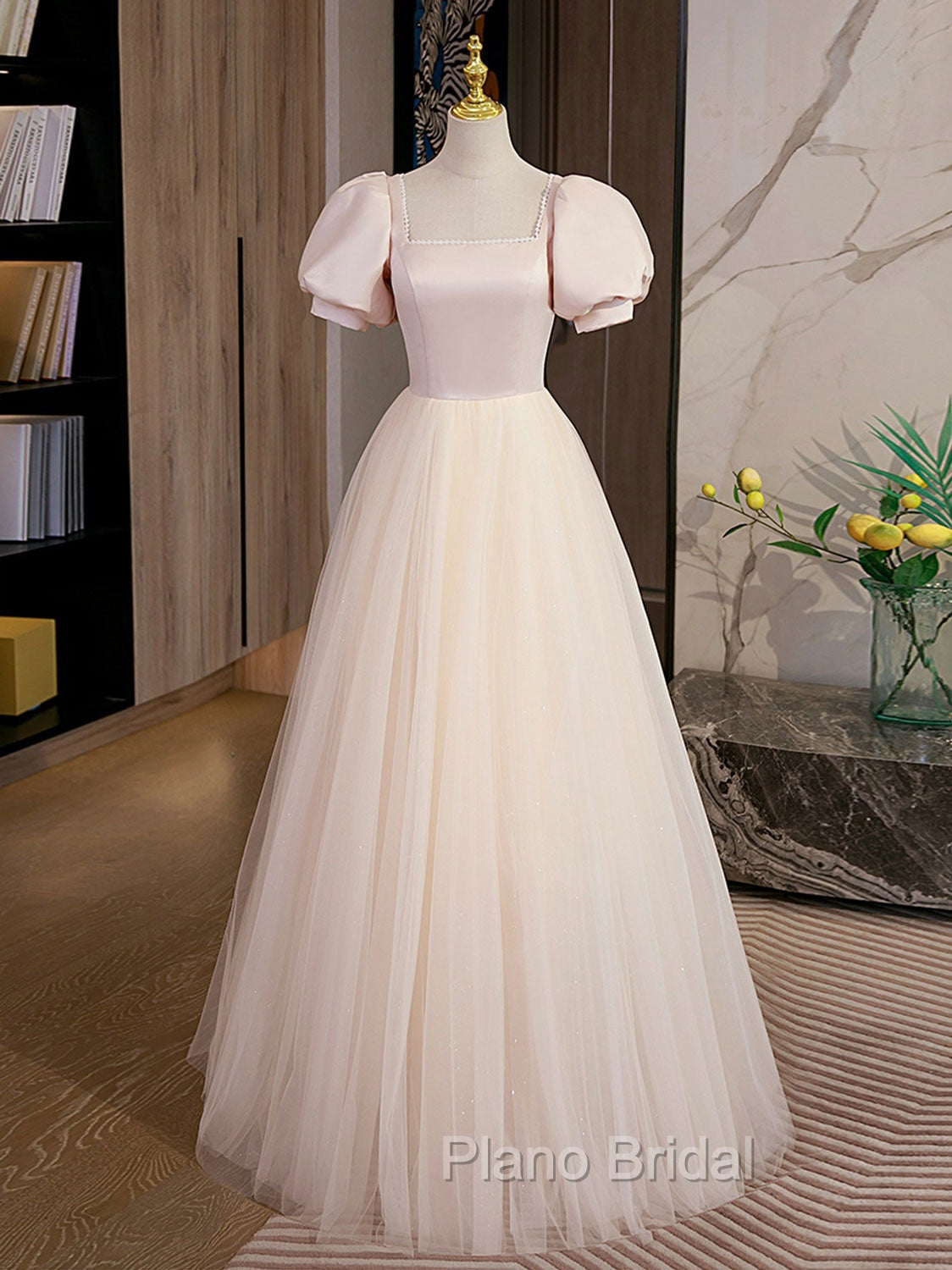 Champagne Tulle A Line Long Formal Prom Dresses, Champagne Formal Graduation Dresses Main image