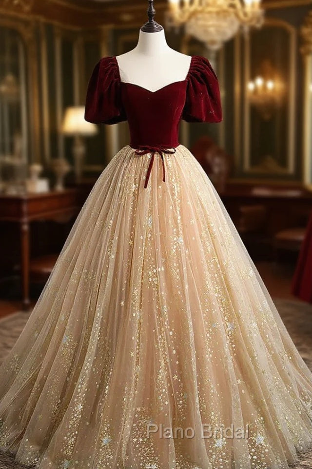 Champagne Tulle and Velvet Long Party Dresses, Short Sleeves Formal Prom Dresses Main image