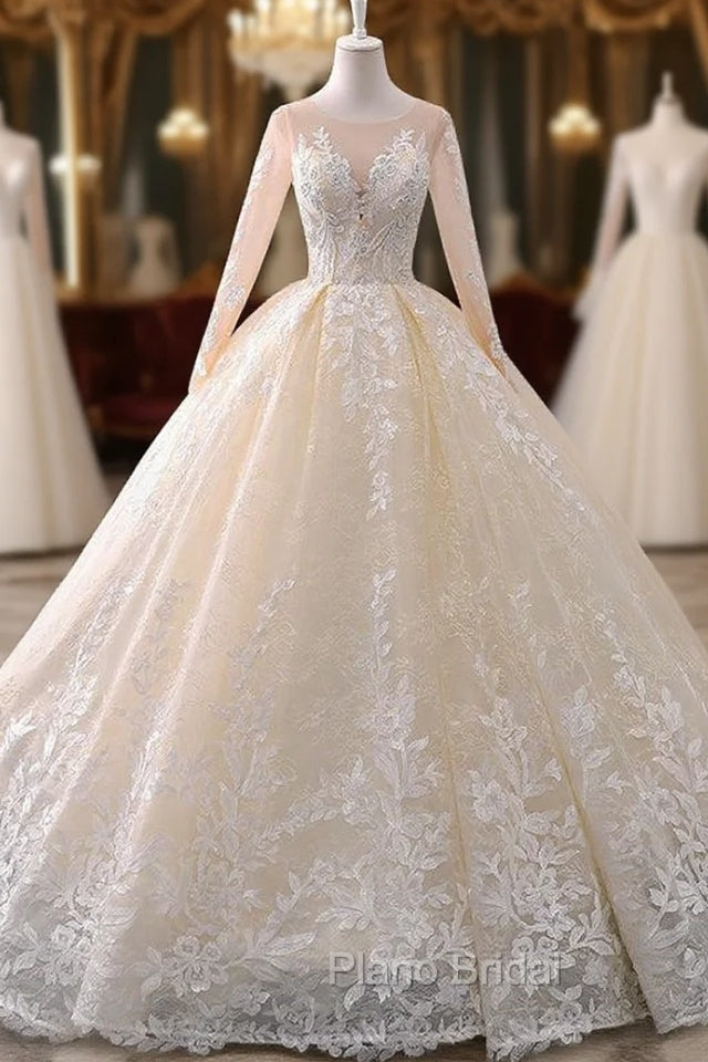 Champagne Tulle Appliques Long Sleeve Beading Wedding Dresses