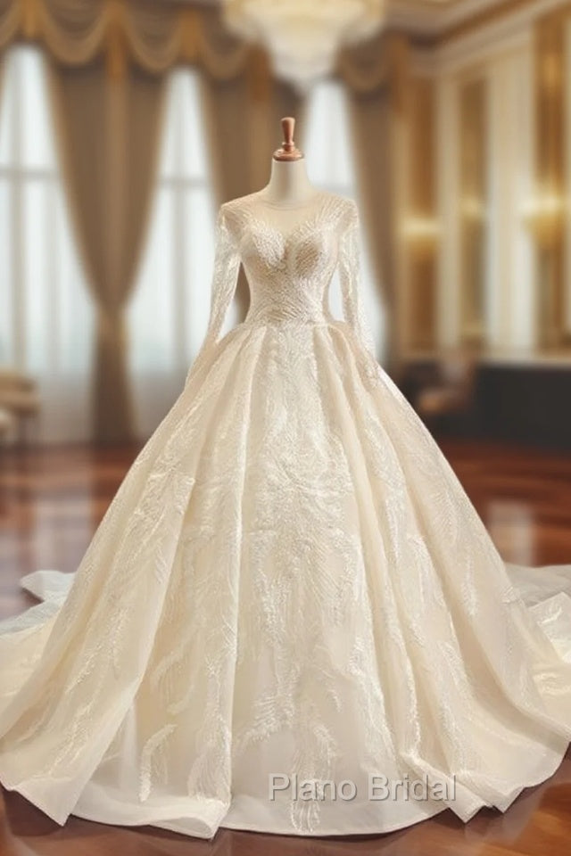 Champagne Tulle Appliques Long Sleeve Luxury Wedding Dresses Main image