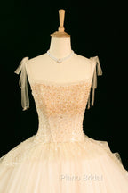 Champagne Tulle Beaded Long Formal Prom Dresses, A-Line Evening Party Dresses