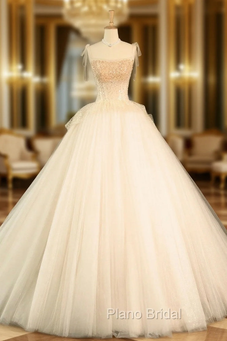 Champagne Tulle Beaded Long Formal Prom Dresses, A-Line Evening Party Dresses Main image