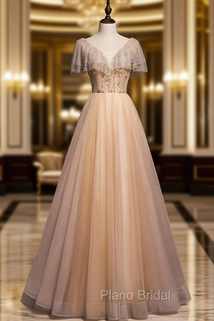 Champagne Tulle Beading V-neck Formal Prom Dresses Main image