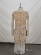 Champagne Tulle Beads Mermaid Short Formal Prom Dresses, Champagne Evening Dresses