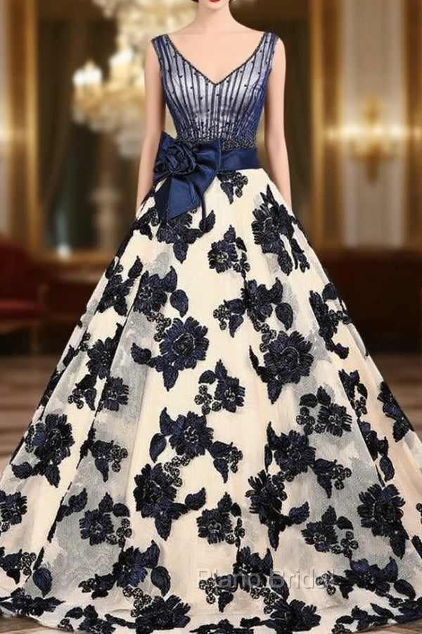 Champagne Tulle Blue Appliques V-neck Train Wedding Dresses