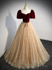 Champagne Tulle Burgundy Velvet Puff Sleeve Prom Dress