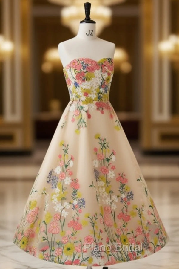 Champagne Tulle Embroidery Strapless Tea Length Formal Prom Dresses Main image