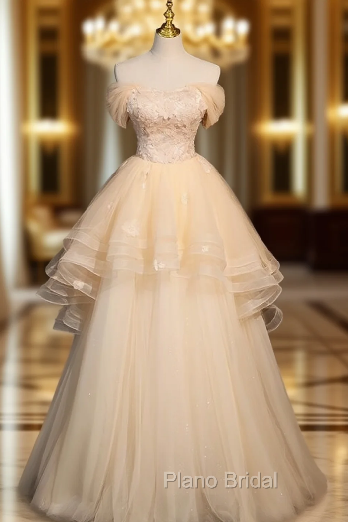 Champagne Tulle Flower Beading Off the Shoulder Formal Prom Dresses Main image