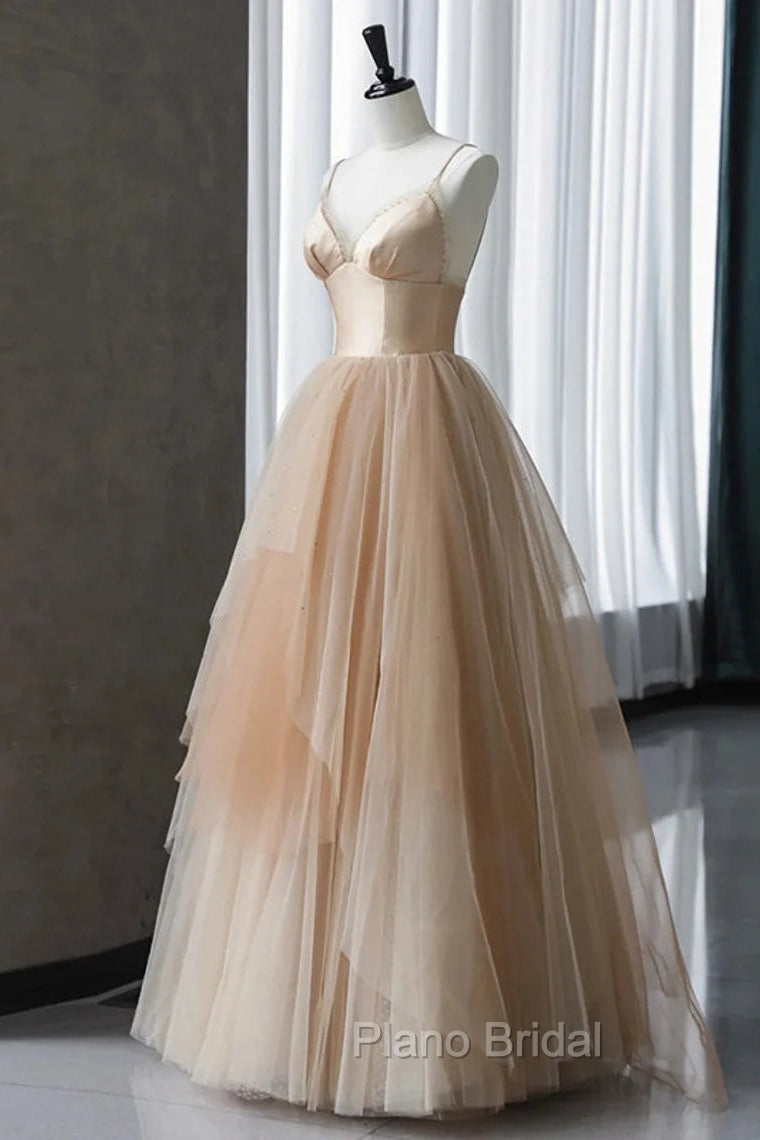 Champagne Tulle Gradient Tulle Straps Long Evening Dresses, Charming Formal Gown