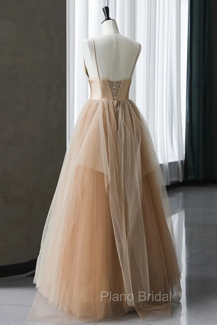 Champagne Tulle Gradient Tulle Straps Long Evening Dresses, Charming Formal Gown