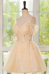 Champagne Tulle Knee Length Formal Prom Dresses, Lovely A-Line Party Homecoming Dresses