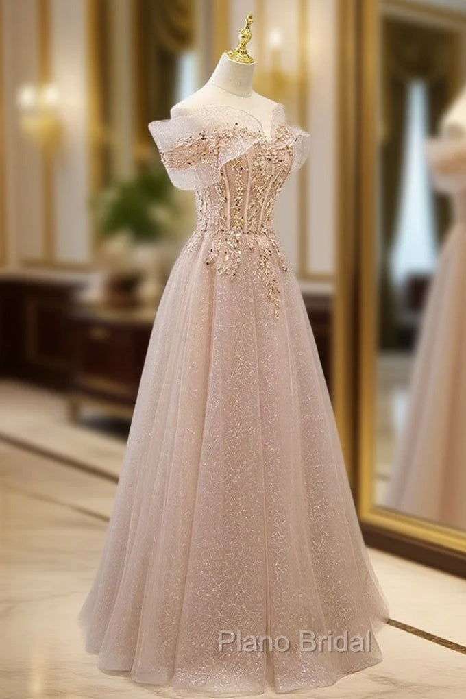 Champagne Tulle Lace A line Long Formal Prom Dresses, Lace Champagne Evening Dresses