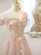 Champagne Tulle Lace A line Long Formal Prom Dresses, Lace Champagne Evening Dresses