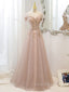 Champagne Tulle Lace A line Long Formal Prom Dresses, Lace Champagne Evening Dresses