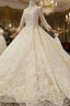 Champagne Tulle Lace Appliques High Neck Long Sleeve Beading Luxury Wedding Dresses