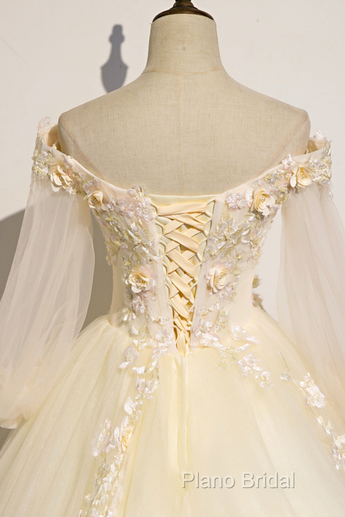 Champagne Tulle Lace Floor Length Formal Prom Dresses, Off Shoulder Long Sleeve Formal Dresses