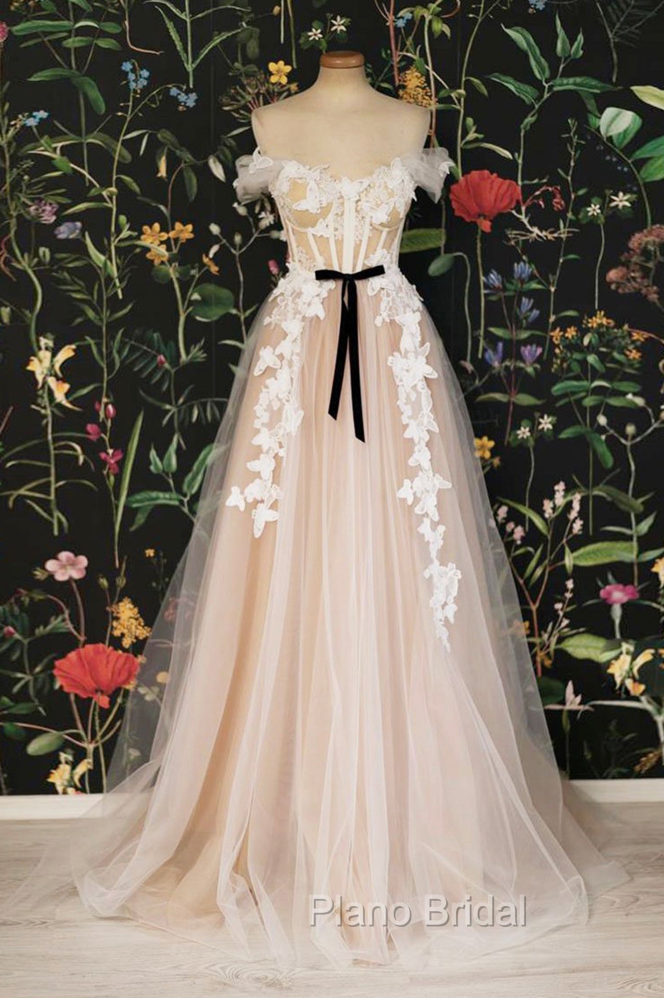 Champagne Tulle Lace Long Formal Prom Dresses, A-Line Off the Shoulder Evening Dresses Main image