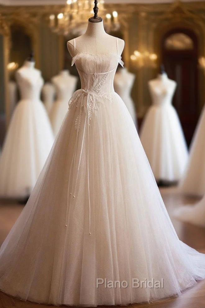 Champagne Tulle Lace Long Formal Prom Dresses, A-Line Spaghetti Straps Backless Evening Dresses Main image