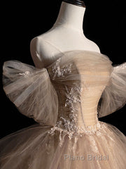 Champagne Tulle Lace Long Formal Prom Dress, Champagne Evening Formal Dress