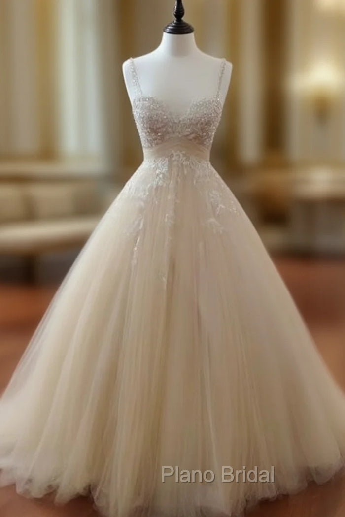 Champagne Tulle Lace Long Formal Prom Dresses, Lace Wedding Dresses Main image