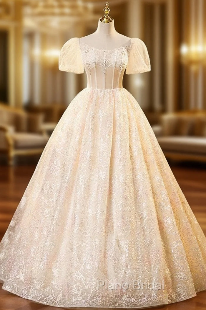 Champagne Tulle Lace Puff Sleeve Beading Quinceanera Dresses