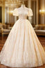 Champagne Tulle Lace Puff Sleeve Beading Quinceanera Dresses