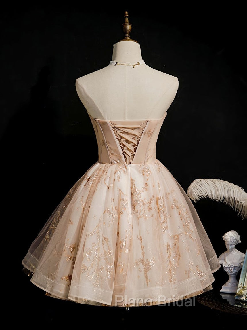 Champagne Tulle Lace Short Formal Prom Dresses, Puffy Champagne Homecoming Dresses